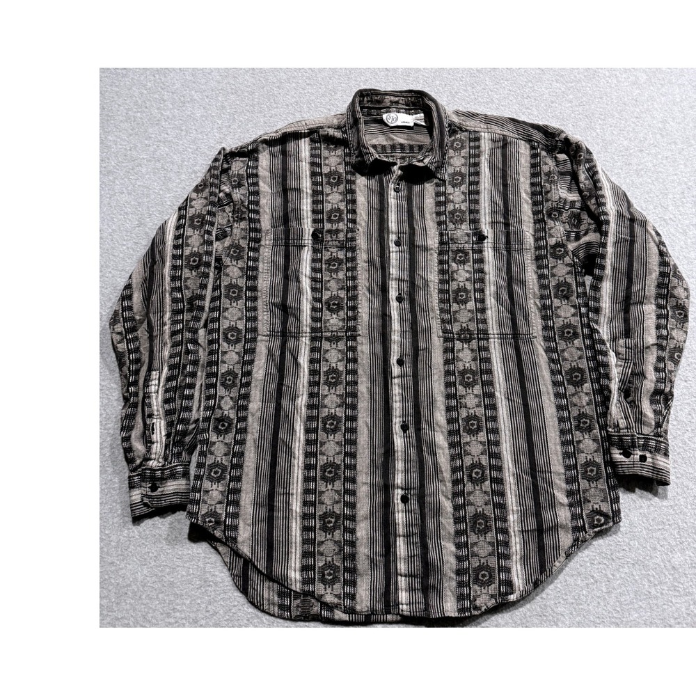 SFO Venice Mens Medium Black Grey Striped Geometric Cotton Button Down Shirt